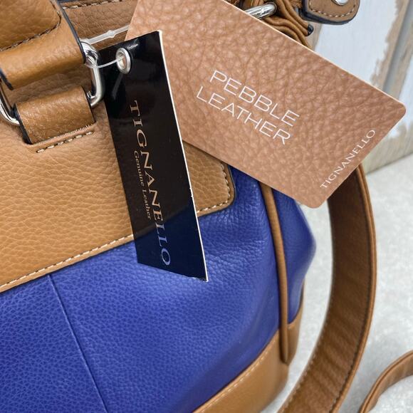 Tignanello Ink/Cognac Leather Satchel Handbag Striped Interior - New with Tags - Picture 3 of 11